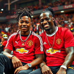 A vibrant scene featuring the rapper XXXTentacion wearing a Manchester United jersey, sitting casually beside the legendary footballer Didier Drogba