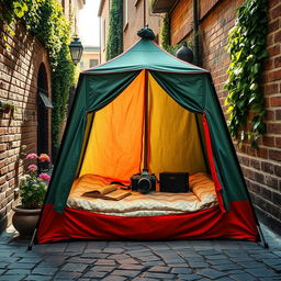 A traditional photography scene featuring a vintage camera set up inside a colorful canvas tent in a charming old alley