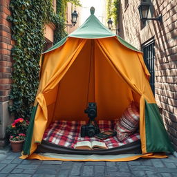 A traditional photography scene featuring a vintage camera set up inside a colorful canvas tent in a charming old alley