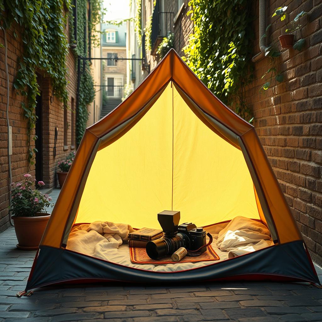 A traditional photography scene featuring a vintage camera set up inside a colorful canvas tent in a charming old alley