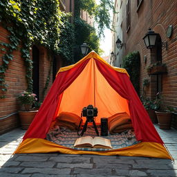 A traditional photography scene featuring a vintage camera set up inside a colorful canvas tent in a charming old alley