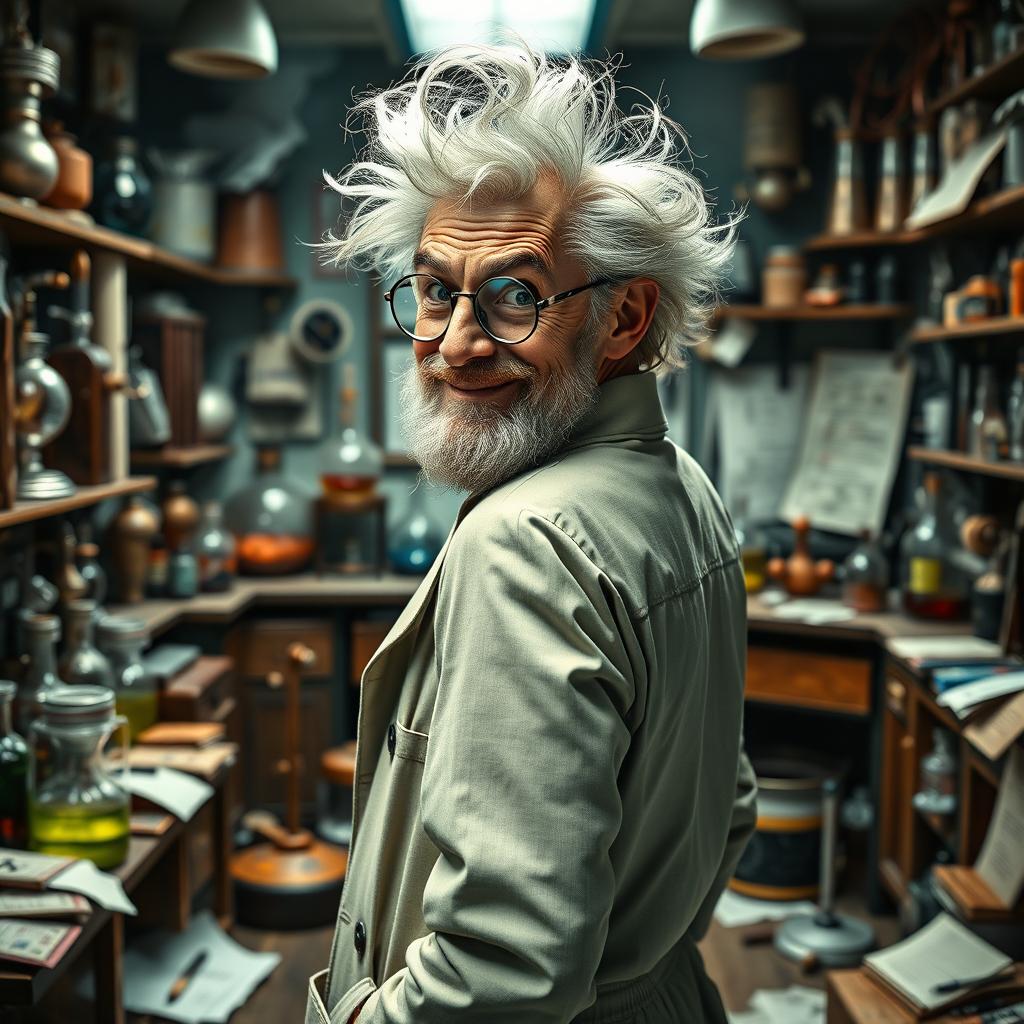 An old mad scientist with a wild, unkempt hairstyle and a neat little beard, grinning mischievously as he gazes back at the viewer