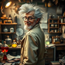 An old mad scientist with a wild, unkempt hairstyle and a neat little beard, grinning mischievously as he gazes back at the viewer
