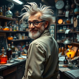 An old mad scientist with a wild, unkempt hairstyle and a neat little beard, grinning mischievously as he gazes back at the viewer