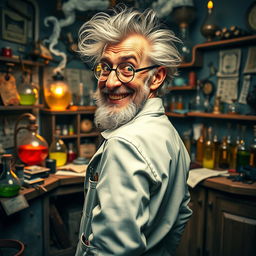 An old mad scientist with a wild, unkempt hairstyle and a neat little beard, grinning mischievously as he gazes back at the viewer