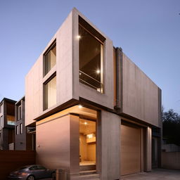 A three-story building with an integrated garage. The structure combines modern architectural design, with ample windows for natural light and a spacious garage.