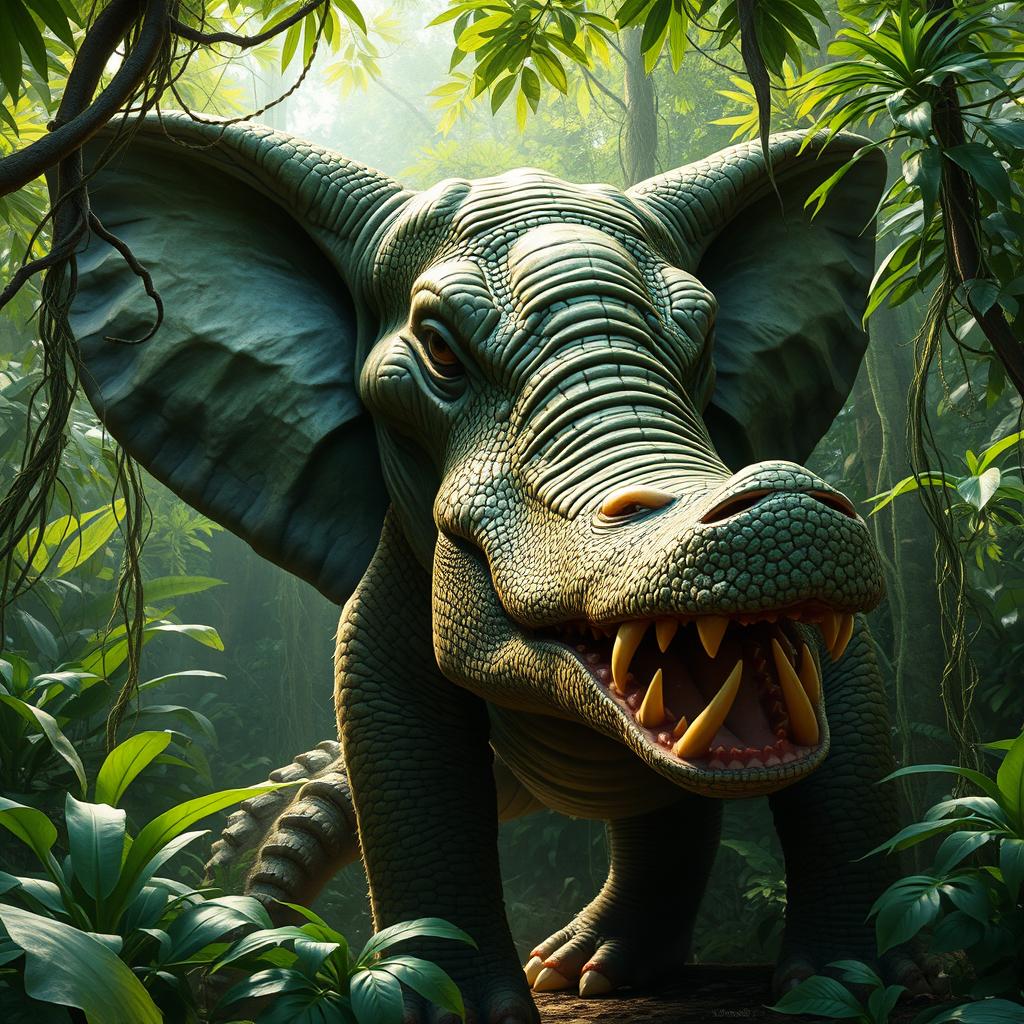 A hybrid animal that combines features of an elephant and a crocodile, set in a lush jungle environment