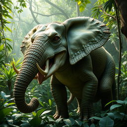 A hybrid animal that combines features of an elephant and a crocodile, set in a lush jungle environment