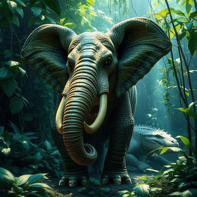 A hybrid animal that combines features of an elephant and a crocodile, set in a lush jungle environment