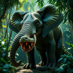 A hybrid animal that combines features of an elephant and a crocodile, set in a lush jungle environment