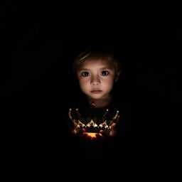 A poignant scene featuring a child holding a crown in their hands, standing in a dark and mysterious environment