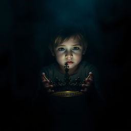 A poignant scene featuring a child holding a crown in their hands, standing in a dark and mysterious environment