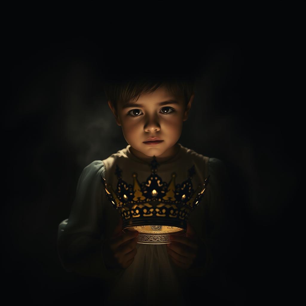 A poignant scene featuring a child holding a crown in their hands, standing in a dark and mysterious environment