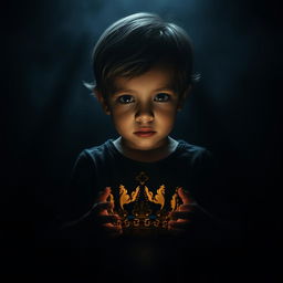 A poignant scene featuring a child holding a crown in their hands, standing in a dark and mysterious environment