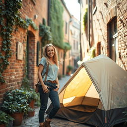 A captivating image of a confident woman standing beside a tent in a charming old alley