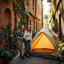 A captivating image of a confident woman standing beside a tent in a charming old alley
