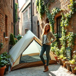 A captivating image of a confident woman standing beside a tent in a charming old alley