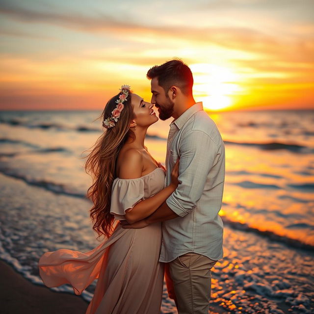 A romantic scene featuring a passionate kiss between a couple in a beautiful sunset