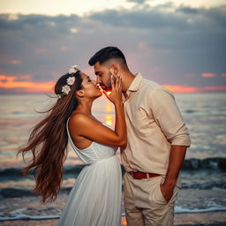 A romantic scene featuring a passionate kiss between a couple in a beautiful sunset