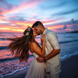 A romantic scene featuring a passionate kiss between a couple in a beautiful sunset