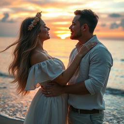 A romantic scene featuring a passionate kiss between a couple in a beautiful sunset