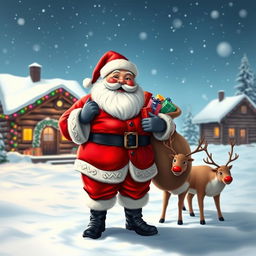 A cheerful Santa Claus with a big smile, wearing a traditional red suit with white fur trim, black boots, and a large black belt