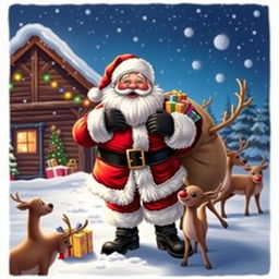 A cheerful Santa Claus with a big smile, wearing a traditional red suit with white fur trim, black boots, and a large black belt