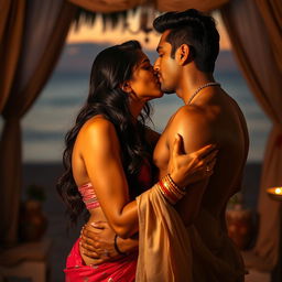 A seductive and intimate scene featuring an Indian couple engaged in a passionate lip lock, captured in a soft, romantic light