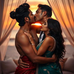 A seductive and intimate scene featuring an Indian couple engaged in a passionate lip lock, captured in a soft, romantic light