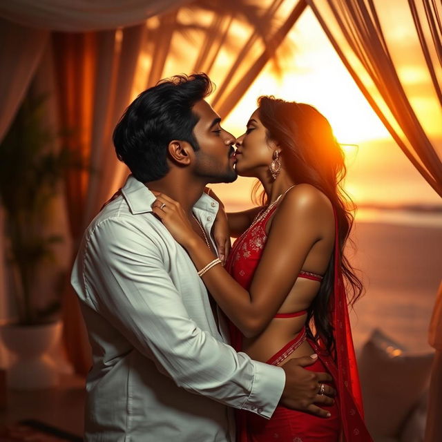 A seductive and intimate scene featuring an Indian couple engaged in a passionate lip lock, captured in a soft, romantic light