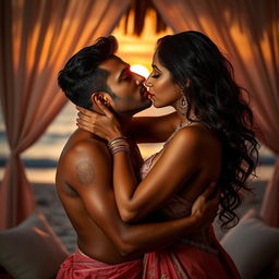 A seductive and intimate scene featuring an Indian couple engaged in a passionate lip lock, captured in a soft, romantic light