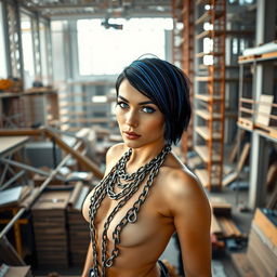A hot nude female architect confidently posing inside a construction site, showcasing her striking blue eyes and stylish short black hair with bold blue and red stripes