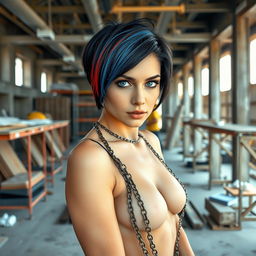 A hot nude female architect confidently posing inside a construction site, showcasing her striking blue eyes and stylish short black hair with bold blue and red stripes