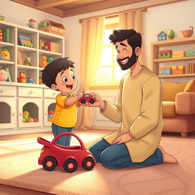 A cheerful living room scene featuring a Muslim father kneeling on a soft carpet with a warm smile, holding out a bright red toy car to his excited child