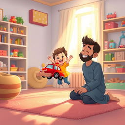 A cheerful living room scene featuring a Muslim father kneeling on a soft carpet with a warm smile, holding out a bright red toy car to his excited child