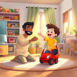 A cheerful living room scene featuring a Muslim father kneeling on a soft carpet with a warm smile, holding out a bright red toy car to his excited child