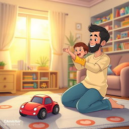 A cheerful living room scene featuring a Muslim father kneeling on a soft carpet with a warm smile, holding out a bright red toy car to his excited child