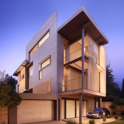 A three-story building with an integrated garage. The structure combines modern architectural design, with ample windows for natural light and a spacious garage.