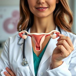 A detailed portrait of a female doctor, focusing on her upper body
