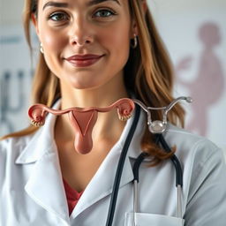 A detailed portrait of a female doctor, focusing on her upper body