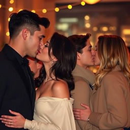 A romantic scene featuring two couples, deeply engaged with one another, their lips perfectly poised as they lean in for a kiss