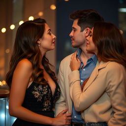 A romantic scene featuring two couples, deeply engaged with one another, their lips perfectly poised as they lean in for a kiss