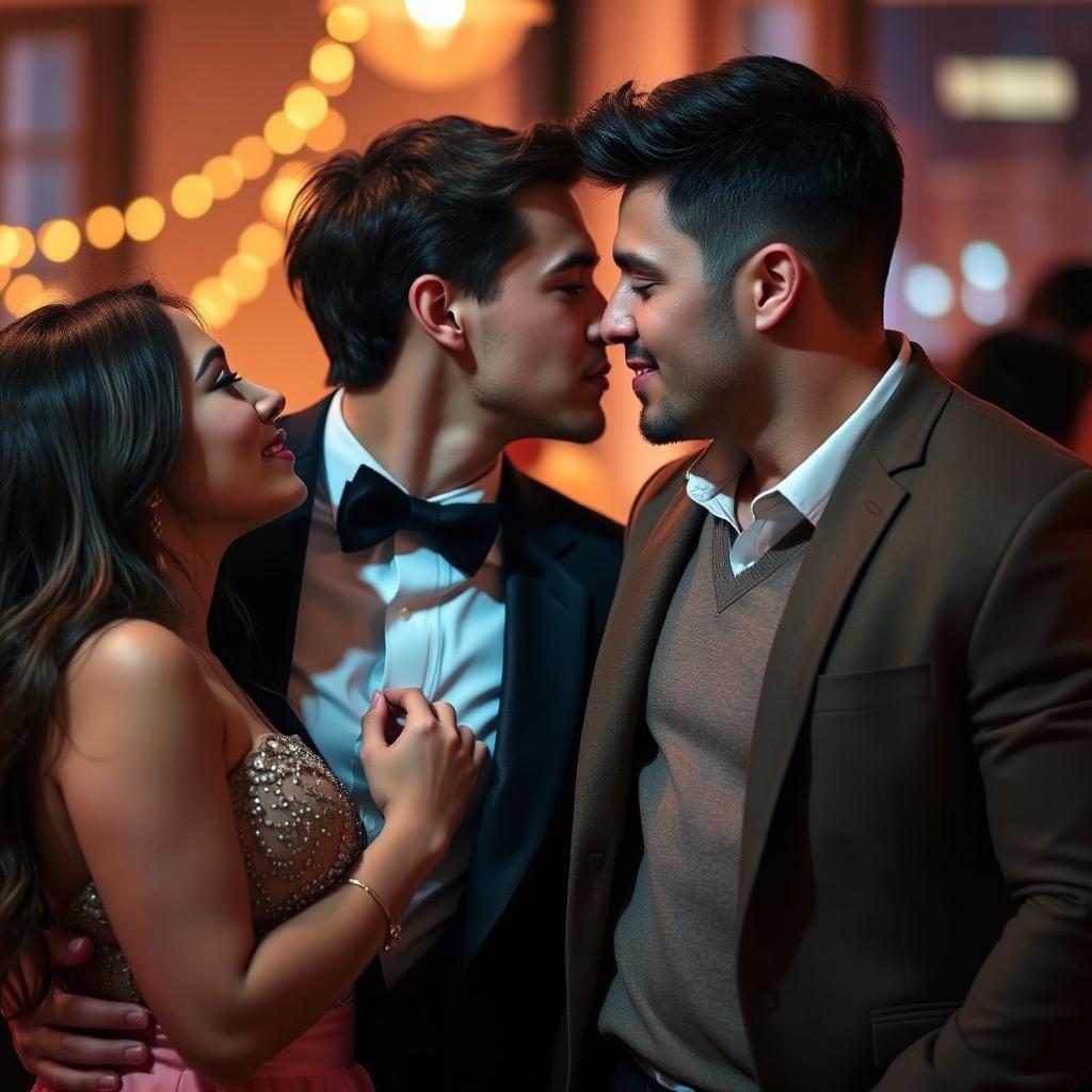 A romantic scene featuring two couples, deeply engaged with one another, their lips perfectly poised as they lean in for a kiss