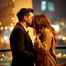 A romantic scene featuring two couples, deeply engaged with one another, their lips perfectly poised as they lean in for a kiss