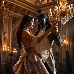 A European young noble girl with wavy brown hair gracefully dancing in a grand ballroom at night, illuminated by soft candlelight