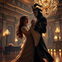 A European young noble girl with wavy brown hair gracefully dancing in a grand ballroom at night, illuminated by soft candlelight