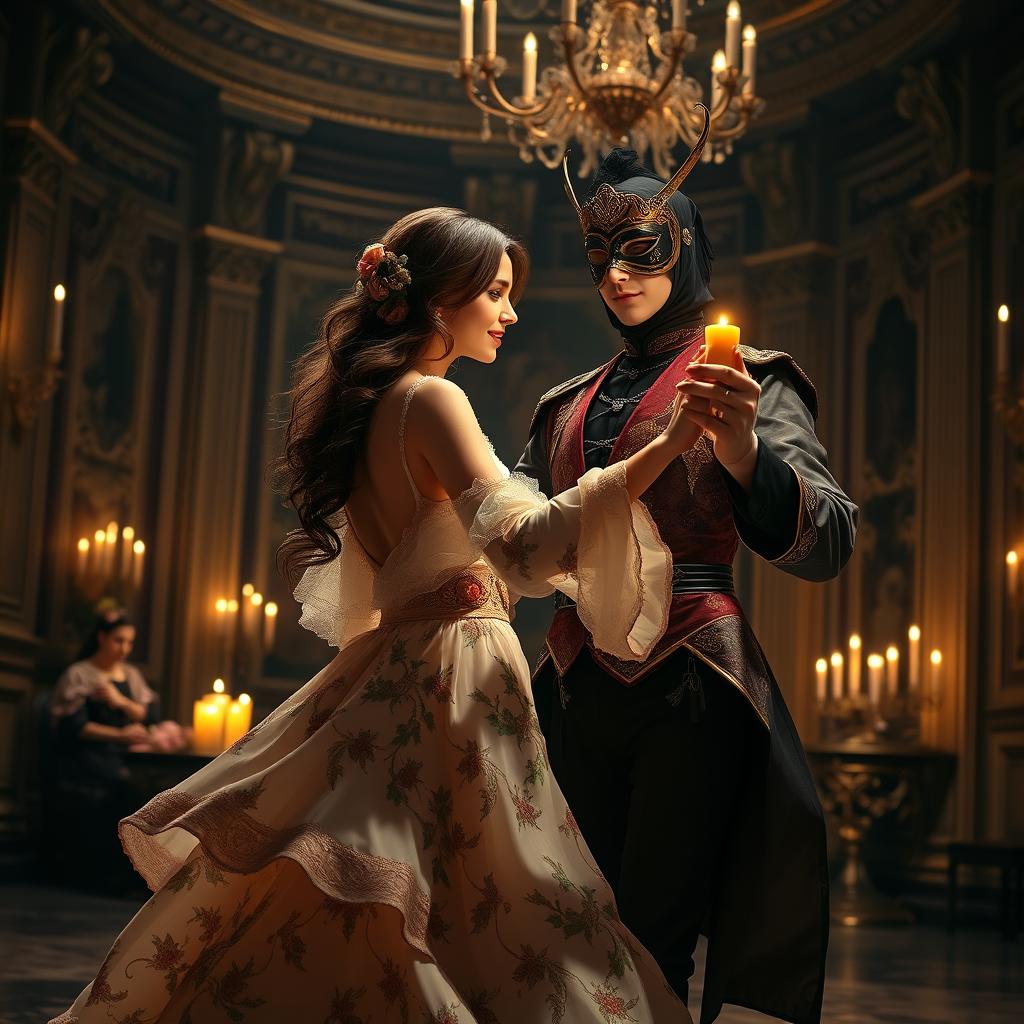 A European young noble girl with wavy brown hair gracefully dancing in a grand ballroom at night, illuminated by soft candlelight