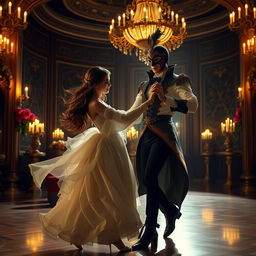 A European young noble girl with wavy brown hair gracefully dancing in a grand ballroom at night, illuminated by soft candlelight