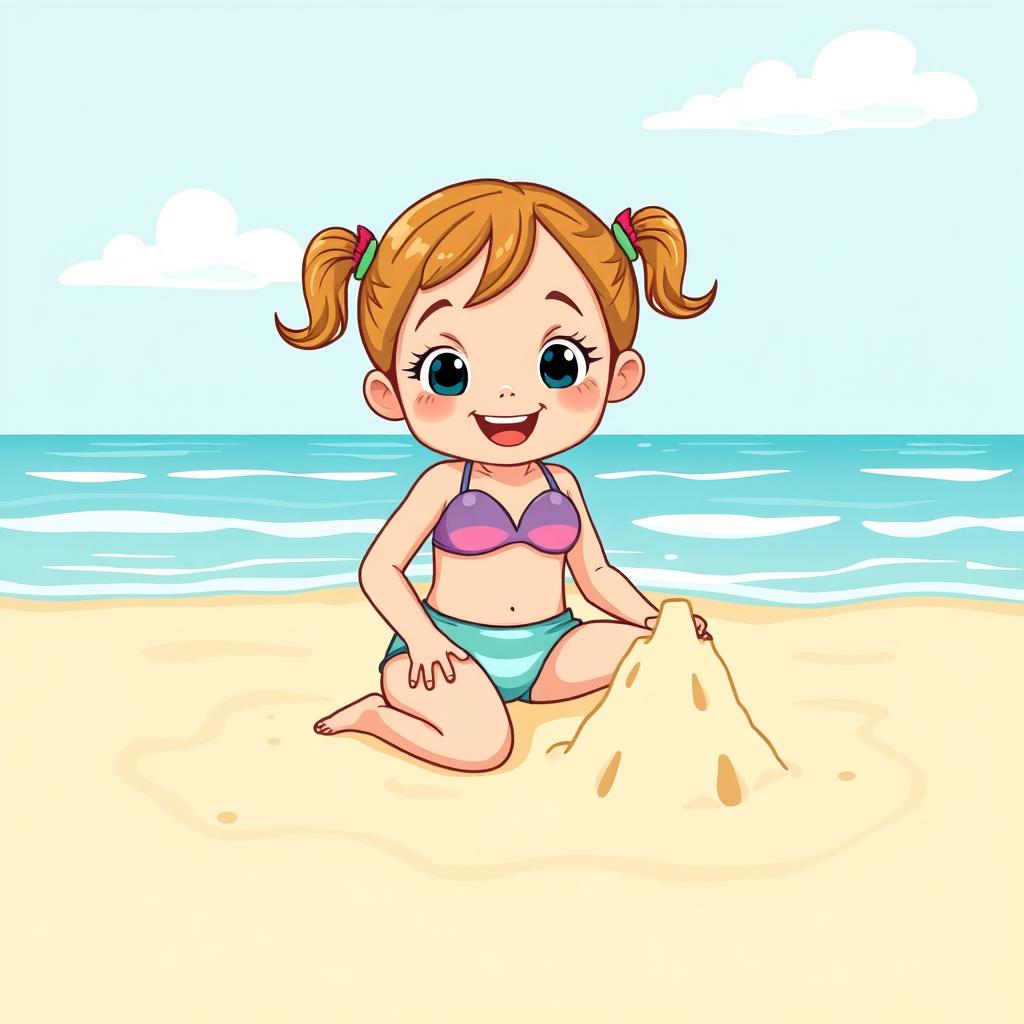 A brightly colored cartoon illustration of a young girl wearing a cute bikini, playing happily on a sunny beach