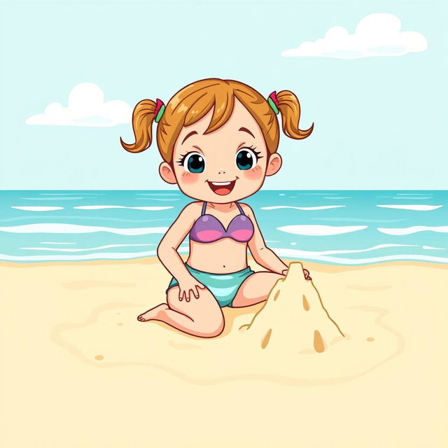 A brightly colored cartoon illustration of a young girl wearing a cute bikini, playing happily on a sunny beach